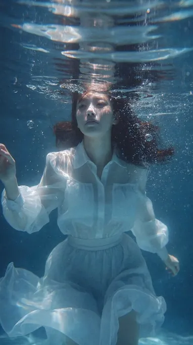 Beauty model shoot: an underwater portrait in white linen