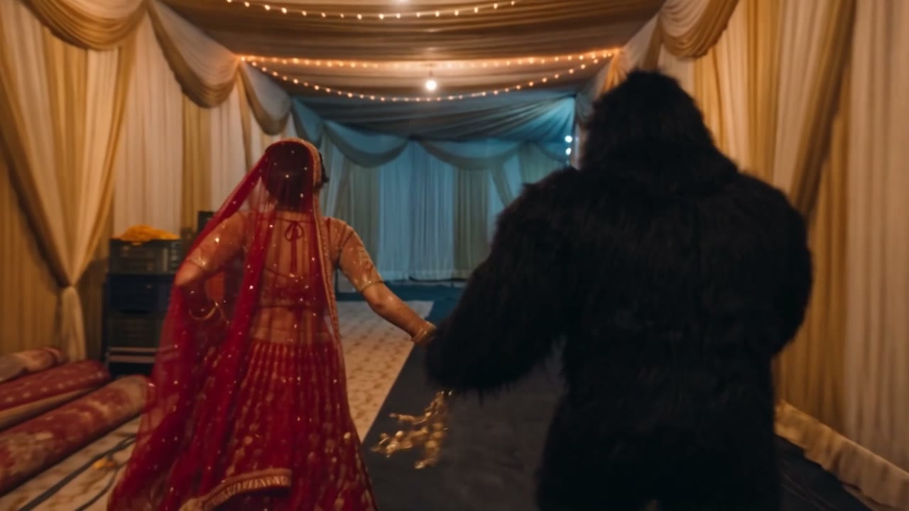 AI ad film: a bride slips out of her own wedding past a guard sipping tea
