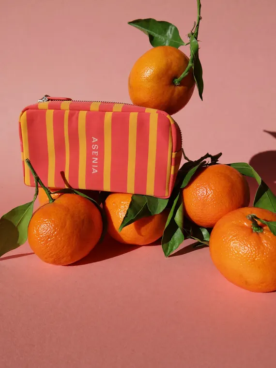 Bag and accessories product photography: cosmetic pouch on the tangerines