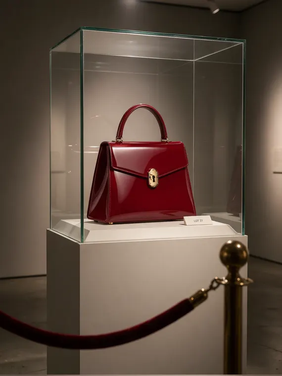 Bag and accessories product photography: Vaudran Lot 27, museum vitrine