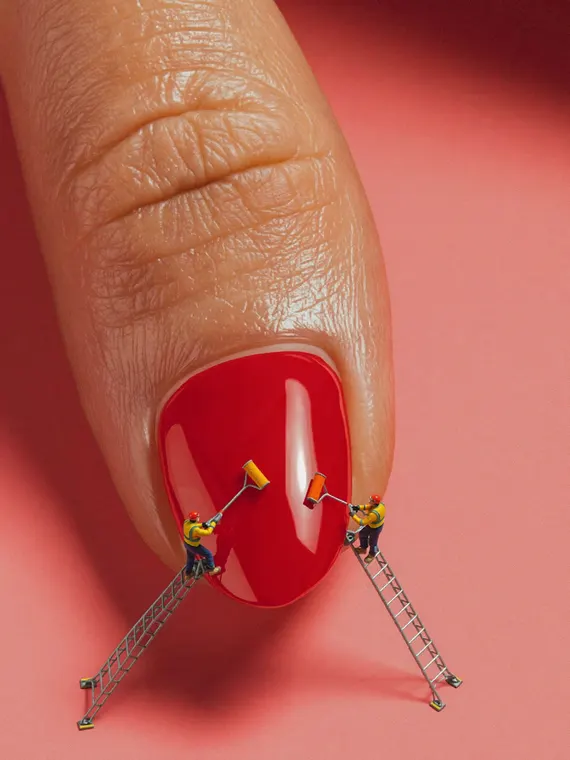 3D beauty ad: tiny workers, polishing a giant nail