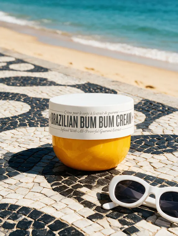Cosmetic product photography concept: body cream on a mosaic beach promenade