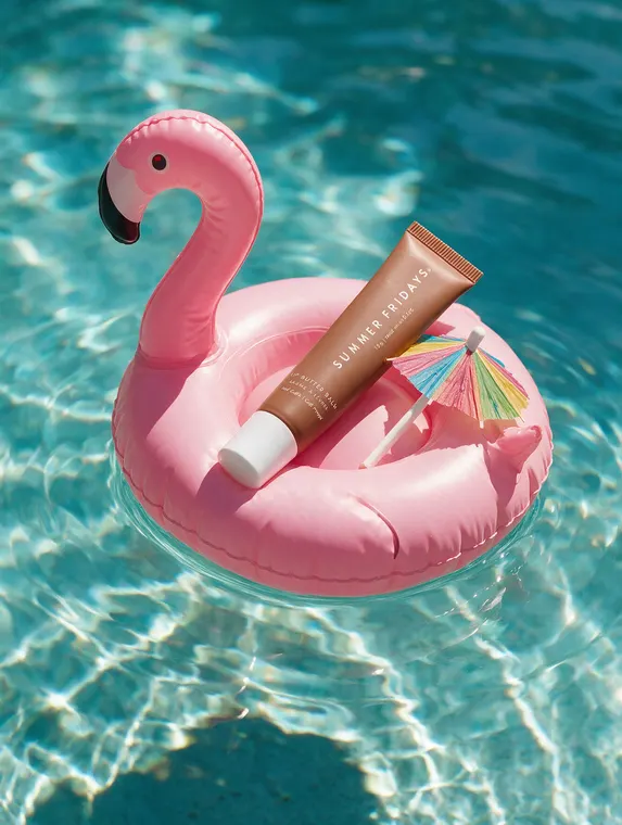 Cosmetic product photography concept: lip balm on a flamingo pool float