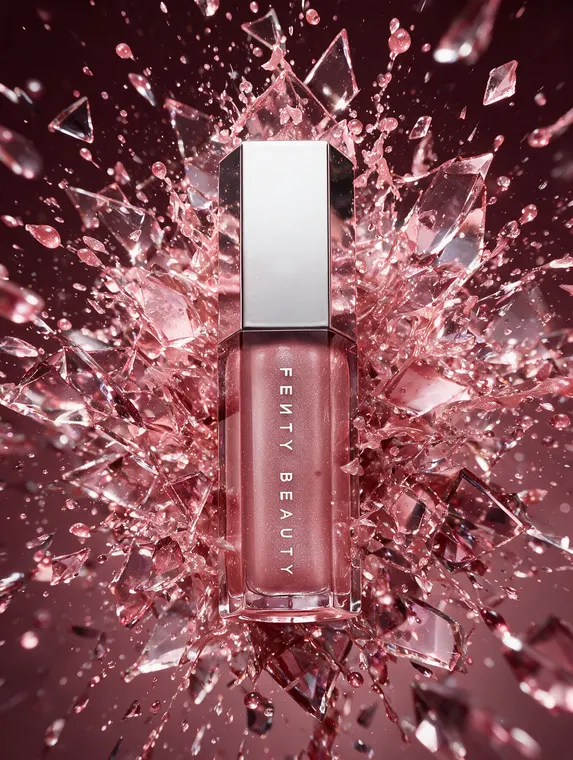 Cosmetic product photography concept: lip gloss in a burst of pink glass