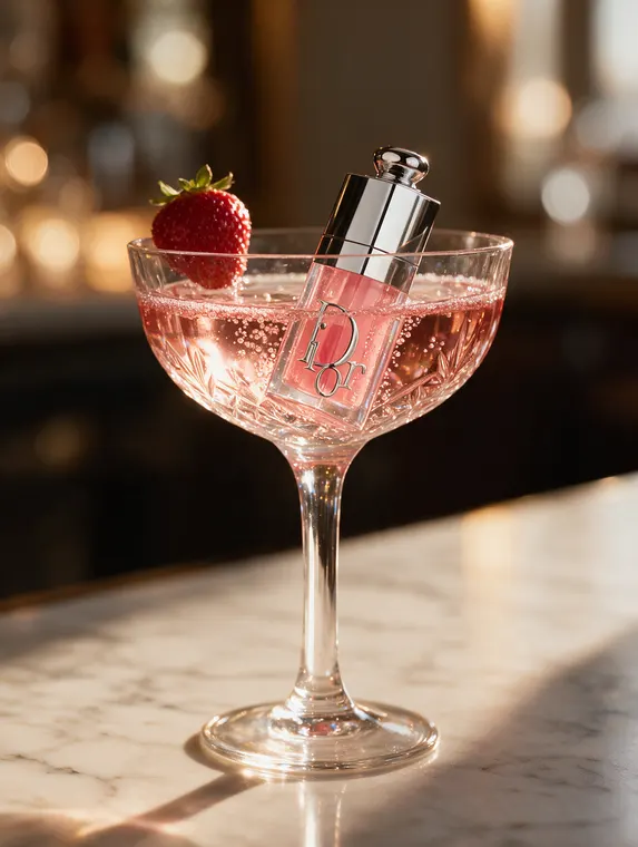 Cosmetic product photography concept: lip oil in a champagne coupe with a strawberry