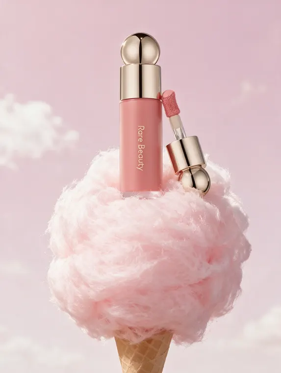 Cosmetic product photography concept: liquid blush on a cloud of cotton candy