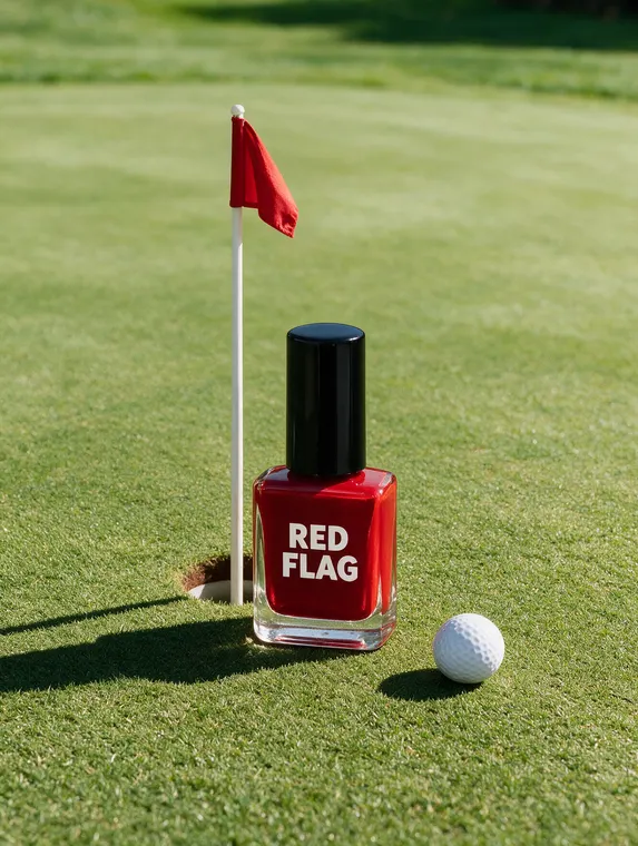Cosmetic product photography: Red Flag nail polish on the golf green