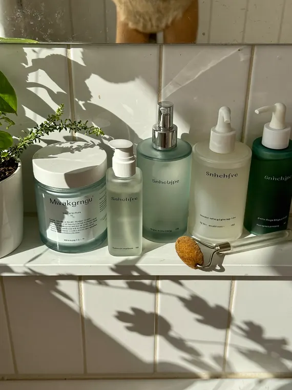 Cosmetic product photography: skincare on the bathroom shelf