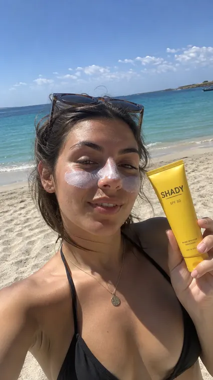 Beauty AI UGC reel: beach, SHADY sunscreen stripe selfie