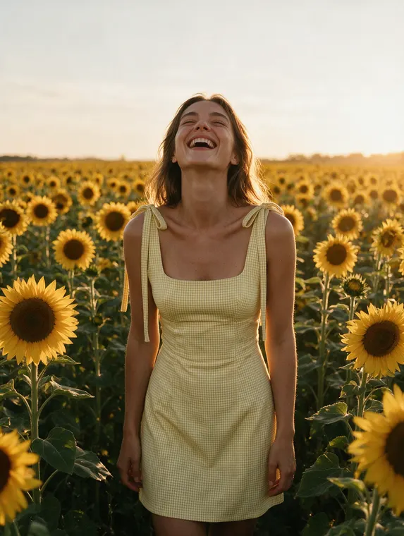 AI fashion model shoot: gingham dress in the sunflower field