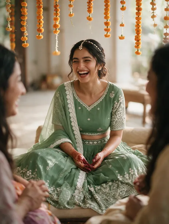 AI fashion model shoot: Nani Approved lehenga, mehendi marigolds