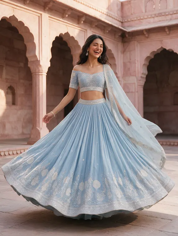 AI fashion model shoot: Nani Approved lehenga, twirl in the palace courtyard