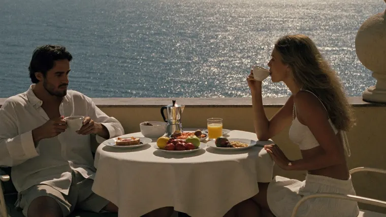 Fashion film Late Checkout, scene 1: breakfast on the terrace