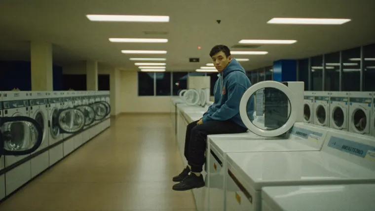Fashion film Laundry Day, scene 1: the laundromat at midnight