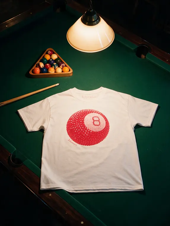 Clothing product photography: 8 ball tee laid on the pool table