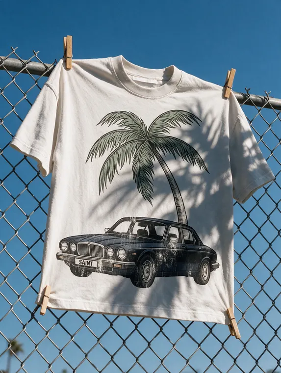 Clothing product photography: graphic tee pinned on the chain link fence