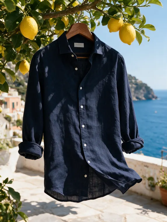 Clothing product photography: Late Checkout linen shirt hanging in the lemon tree