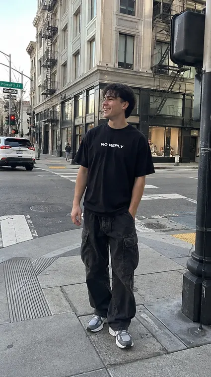 Fashion AI UGC reel: fit check, street corner tee