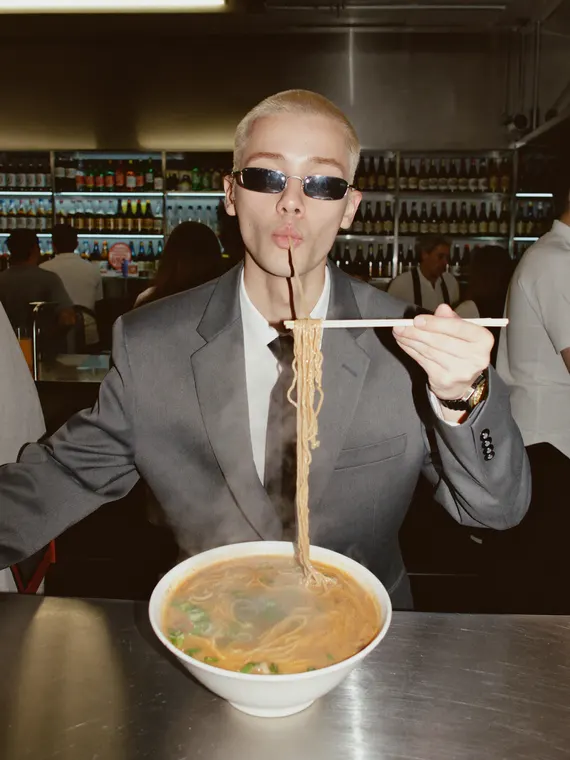 Food campaign: noodles, suit and sunglasses slurp