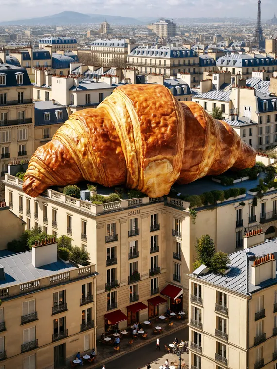 Food CGI: croissant, giant over a Paris street
