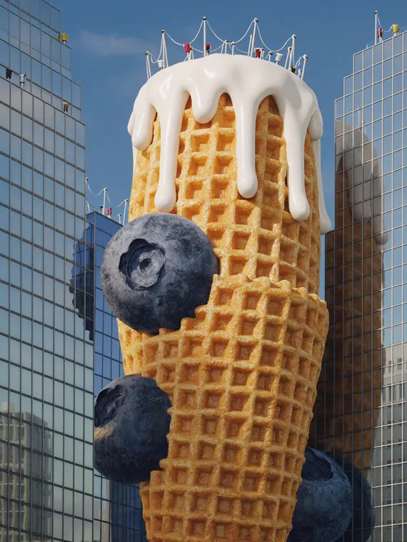Food CGI: waffle cone, skyscraper with blueberries