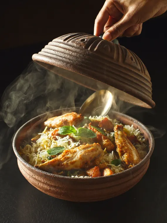 Food and beverage product photography: biryani handi, lid lifted