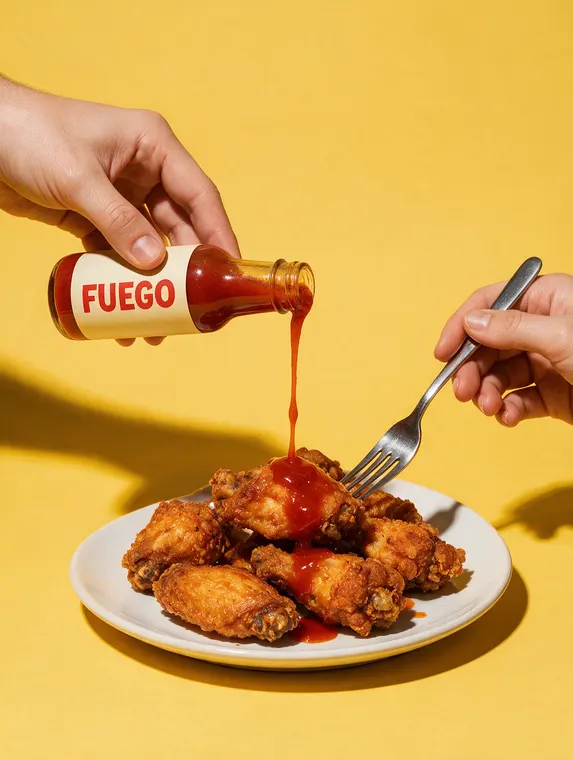 Food and beverage product photography: Fuego hot sauce drizzle on wings
