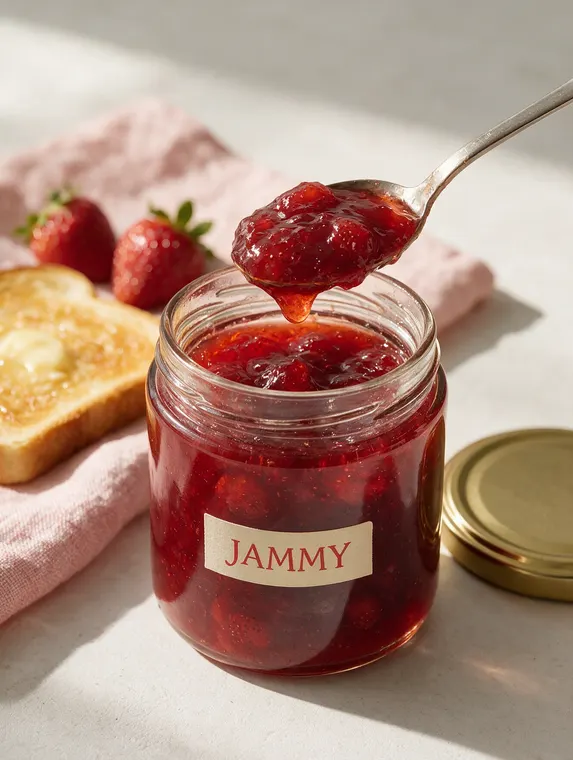 Food and beverage product photography: Jammy jam, spoon drip at breakfast