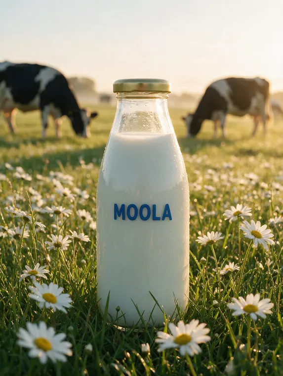 Food and beverage product photography: Moola milk, daisy meadow at sunrise