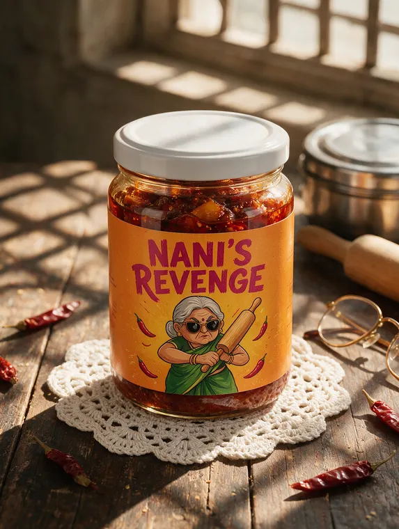 Food and beverage product photography: Nanis Revenge pickle, doily and rolling pin