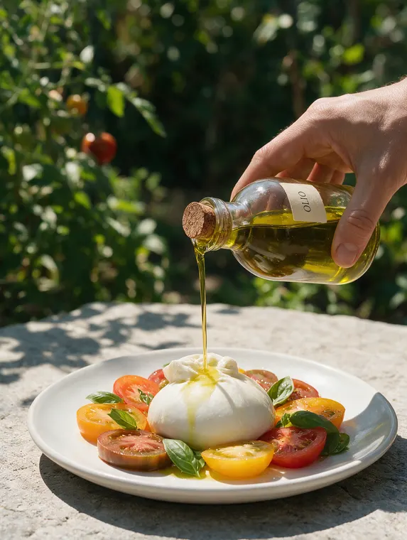 Food and beverage product photography: Olio olive oil, pour over burrata