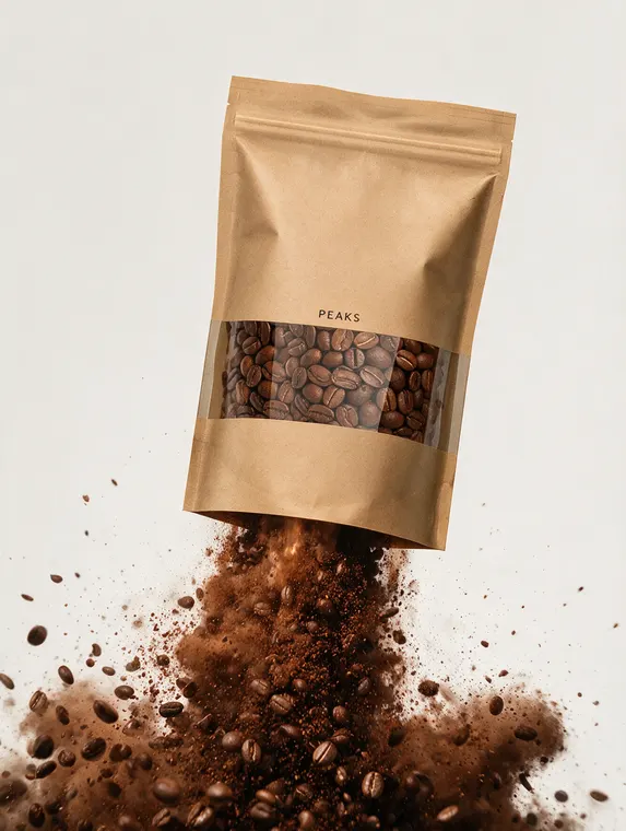 Food and beverage product photography: Peaks coffee, pouch rocket lift off