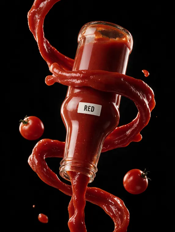 Food and beverage product photography: Red ketchup, pour swirl