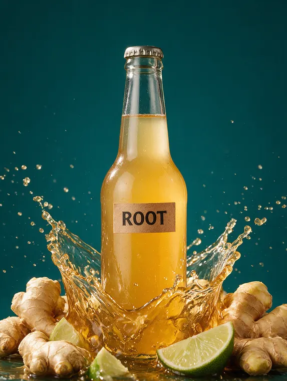 Food and beverage product photography: Root ginger beer, splash crown on teal