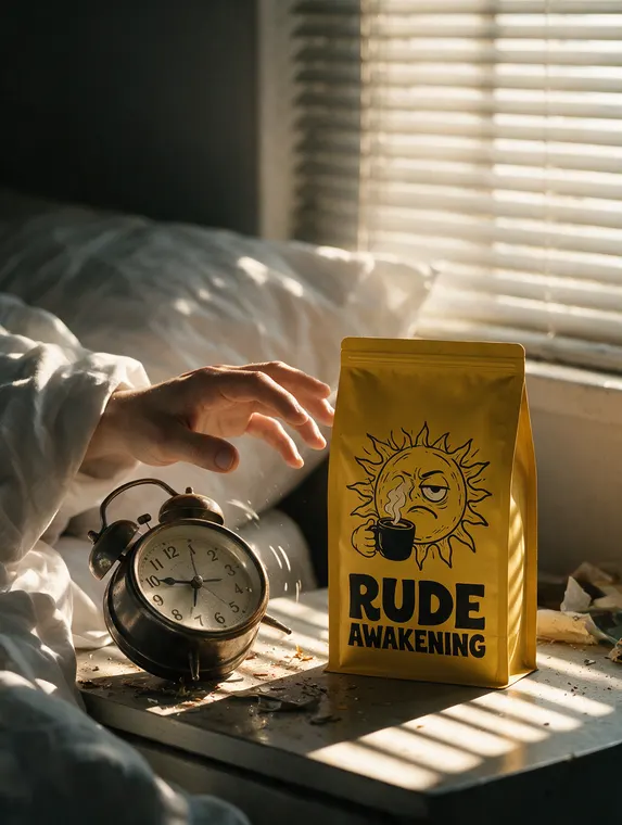 Food and beverage product photography: Rude Awakening coffee, 6am alarm