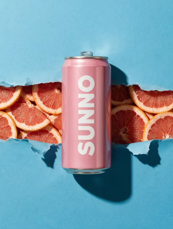 Food and beverage product photography: Sunno soda, torn paper grapefruit reveal