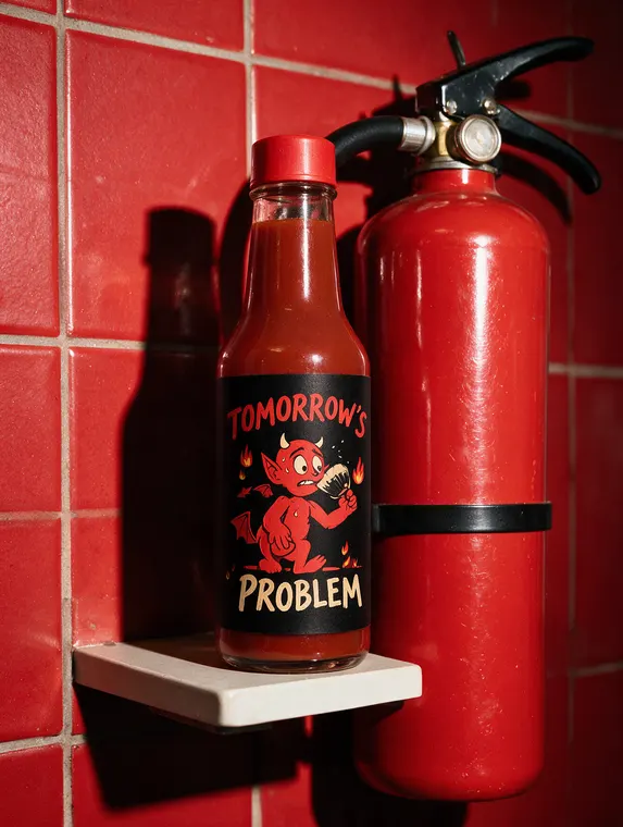 Food and beverage product photography: Tomorrows Problem hot sauce, next to the extinguisher
