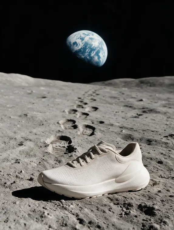 3D sneaker ad: runner, footprints on the moon