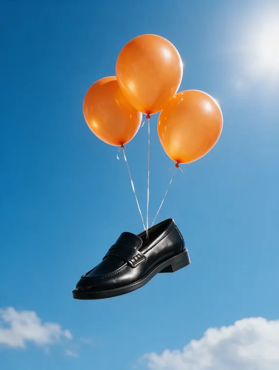 Shoe product photography: loafer floating on orange balloons