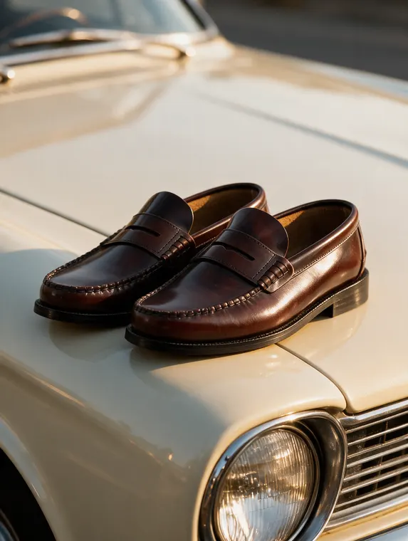 Shoe product photography: loafers on the vintage car hood