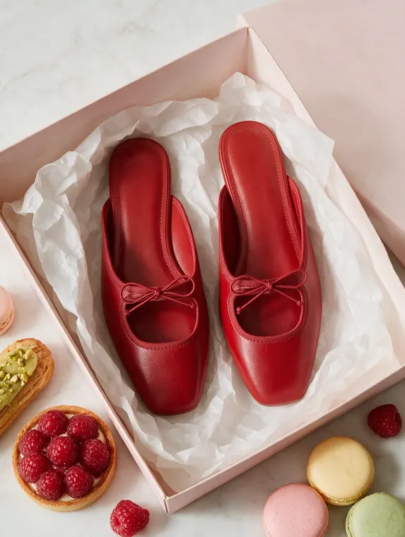 Shoe product photography: mules in the patisserie box
