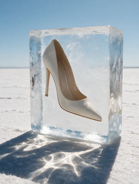 Shoe product photography: pump frozen in ice on the salt flats