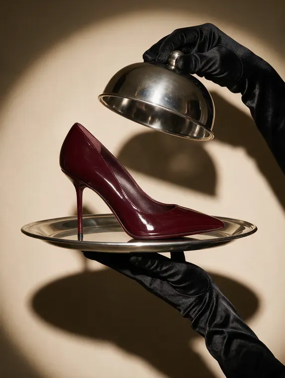 Shoe product photography: pump served under the cloche