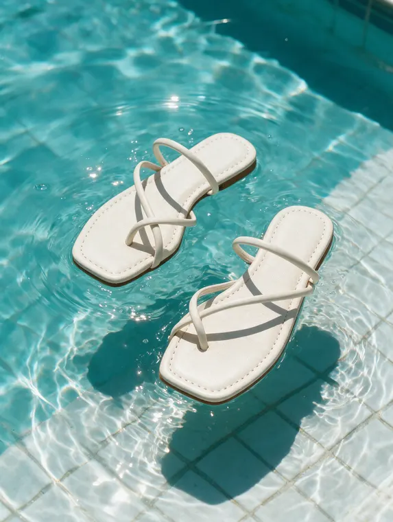 Shoe product photography: sandals floating on the pool