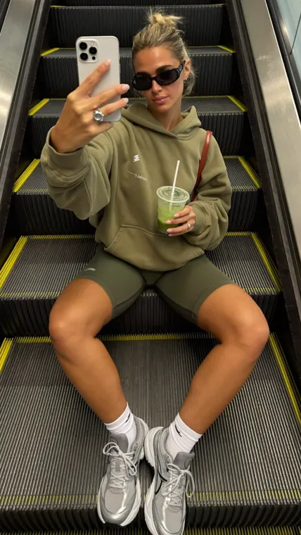 Sneaker AI UGC reel: sneakers, escalator selfie with matcha