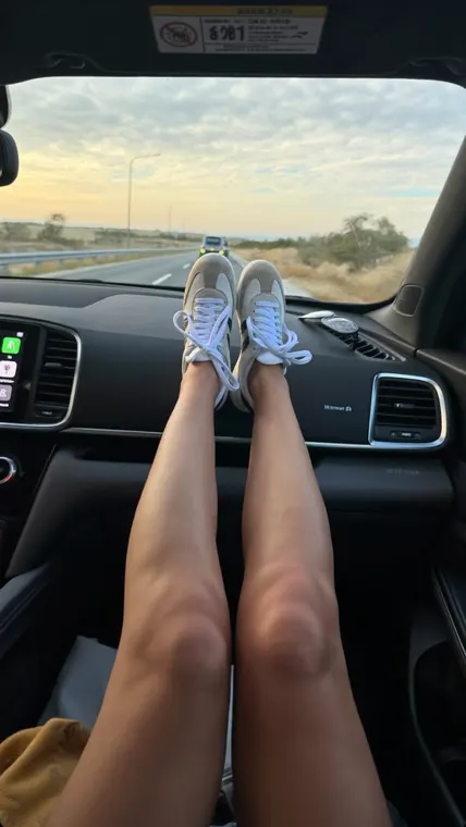 Sneaker AI UGC reel: sneakers, feet up on the dashboard