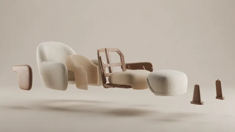 3D furniture render Soft Landing trailer, scene 3: floating apart