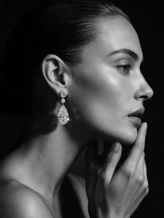 Jewellery model shoot: Lux Pear drops, black and white profile