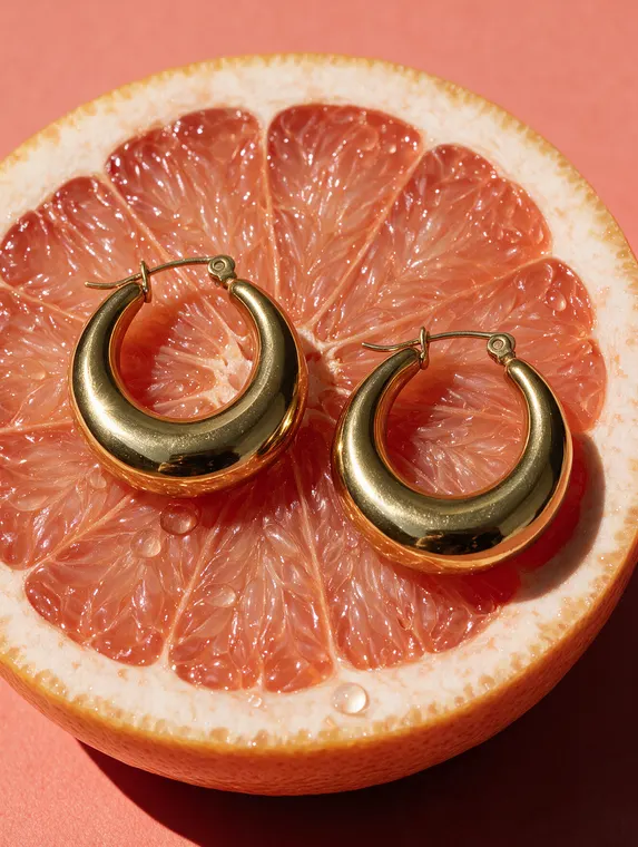 Jewellery product photography: Hoops I Did It Again on the grapefruit