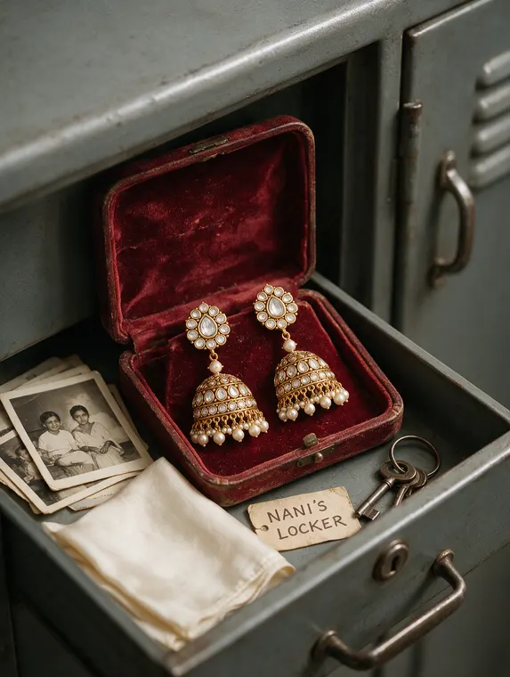 Jewellery product photography: Nani's Locker jhumkas, the steel almirah